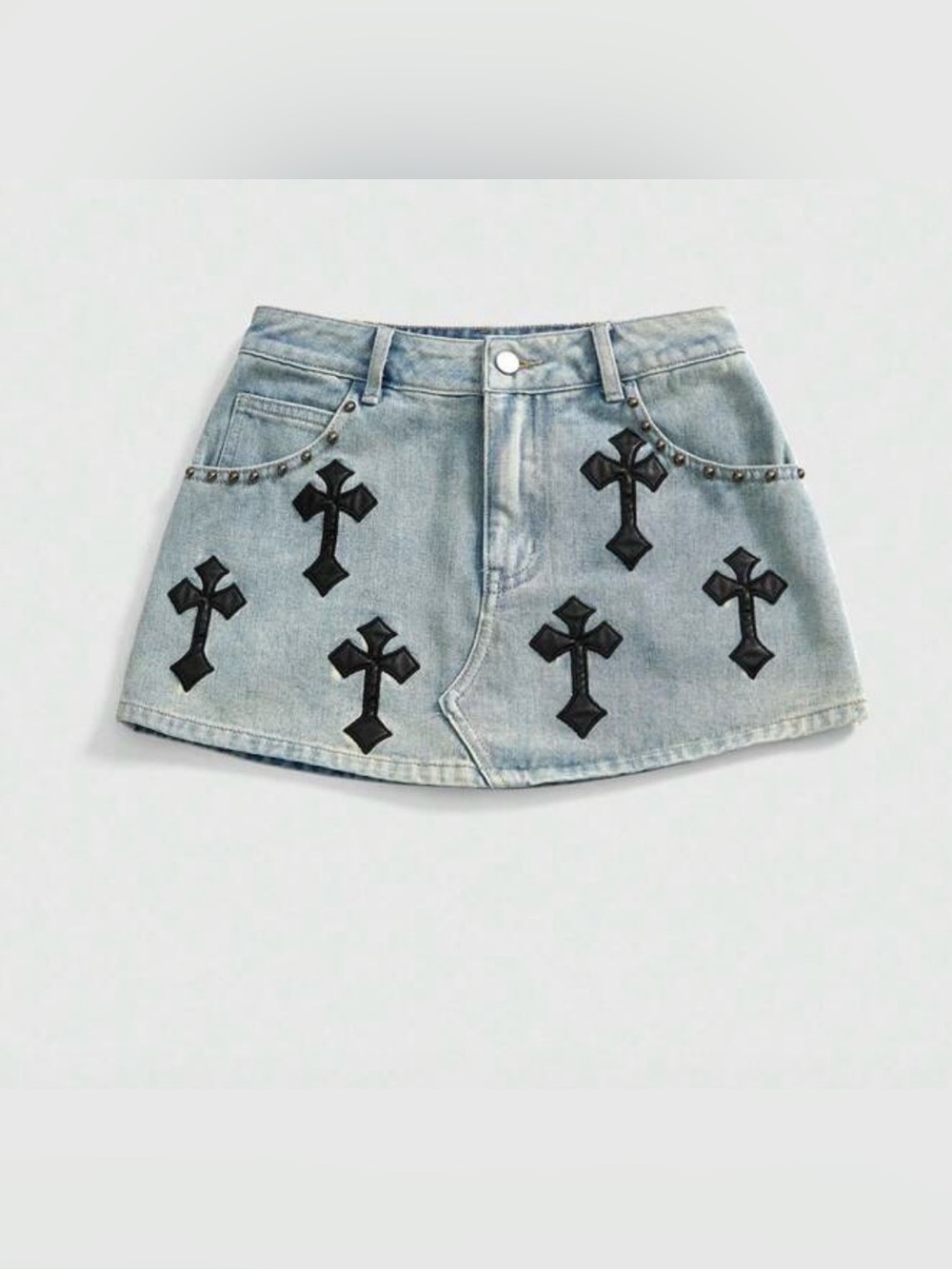 ROMWE Grunge Punk
Women's Applique Cross Denim Mini
Skirt light washed